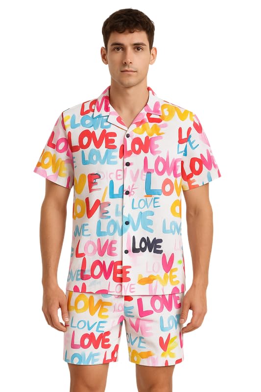 Men’s Printed Co-Ord Set | Plus Size Casual Shirt & Shorts Set | Nightwear Pajama Suit, Loungewear, Beachwear & Vacation Outfit Design No Shirt-Short Set4-Parent