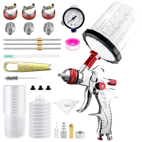 HVLP Professionnel Pistolet à Peinture avec 10 gobelets jetables de 650 ML, Pistolet Peinture Air Comprimé 3 Buses 1,4/1,7/2,0mm et Accessoires, HVLP Meubles Voiture...