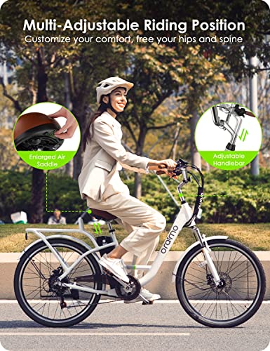 Oraimo Electric Bike For Adults 3A Fast Charge, 36V 10.4Ah Ul-Certified Li-Ion Battery, 350W Brushless Motor, 26" Aluminum Ebike 2X Load Rear Rack, Air Saddle, Shimano 7 Speed (White, With Saddlebag) #TOP4