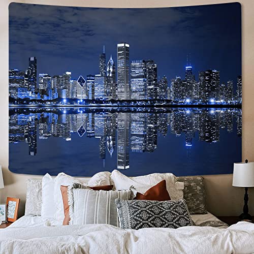 Chicago City View Tapestry Wall Hanging, Popular American Lake Aesthetic Night Neon City Landscape Tapestries Wall Art Decor For Bedroom Living Room College Dorm Cool Modern Posters #TOP1