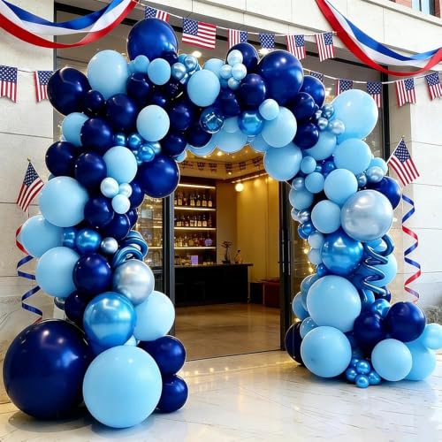Image of Royal Blue Balloon Garland Double Stuffed, Navy Dark Blue Metallic Balloon Kit for Independence Day Graduation Birthday Baby Shower Anniversary Party Decorations