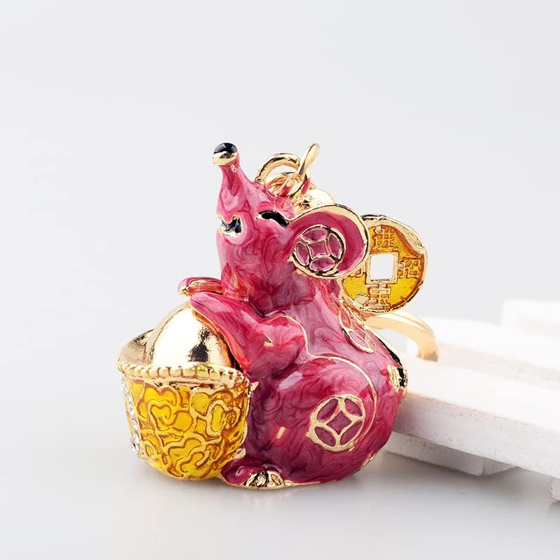Year of The Rat Cute Diamond-Studded Zodiac Mouse Cartoon car Keychain Animal Metal Chain Pendant Jewelry for gifts鼠年可爱镶钻生肖小老鼠卡通汽车钥匙扣动物金属链挂件饰品送礼用 1Pcs(元宝-招财鼠绿色)