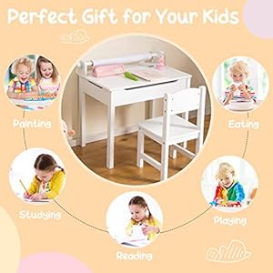 Costzon Kids Table and Chair Set, Flip Top Kids Art Craft Table w/Chair for Playroom Kindergarten, Toddler Drawing Writing Desk Set w/Paper Roll & 2 Markers, Gift for Boys Girls Ages 3+ (White) Costzon Kids Table and Chair Set Flip Top Kids Art Craft Table wChair for Playroom Kindergarten Toddler Drawing Writing Desk Set wPaper Roll 2 Markers Gift for Boys Girls Ages 3 White
