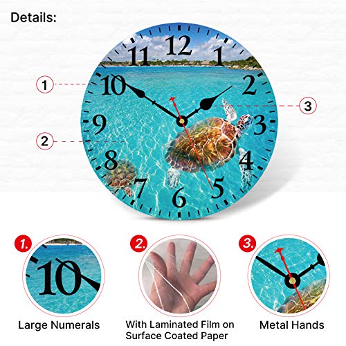 Taheat 14 Inch Turtle Underwater Wall Clock, Silent Non Ticking Nautical Sea Round Clocks, Battery Operated Easy To Read Wall Clock For Living Room Kitchen Bathroom Office #TOP2