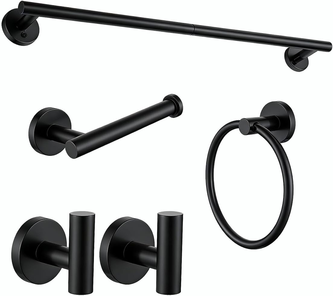 Matte Black 5 Piece Bathroom Hardware Set,SUS304 Stainless Steel Lightweight 24 Inch Bath Towel Bar Set