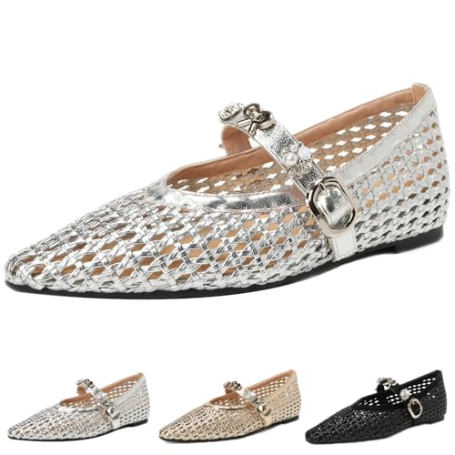 Women's Pu Breathable Woven Internal Height Increase Mary Jane Flats with Buckle Strap Sexy Hollow Pointed Toe Comfortable Non-slip Slip On Fishnet Ballerina Flats for Beach Dress Party