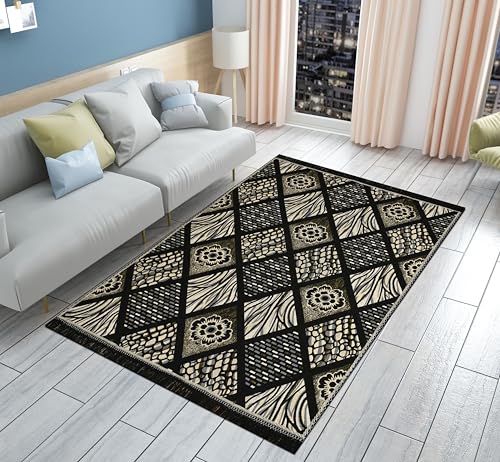 Image of Premium Cotton Carpet 4x6 feet | Soft Velvet Rug for Living Room, Hall & Bedroom | Floor Carpet for Home /Dari & Kalin | Rectangular Rugs &Carpet (Black)