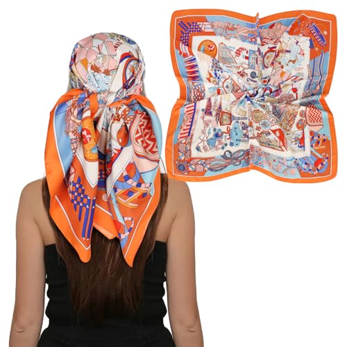 EXTREE Women's 35 inch Fashion Headscarf Silk Satin Scarf for Hair Wrapping at Night Bandana Square Scarf for Sleeping Treasure Orange Twill