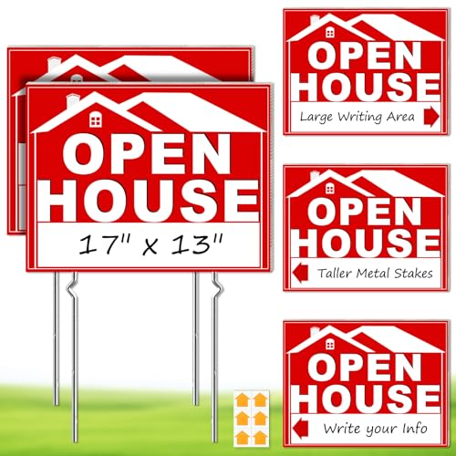 Cyrico Open House Signs for Real Estate 5 Pcs 17 x 13 Inch Double Sided Open House Yard Sign with Metal Stakes and Arrow Stickers Weatherproof Corrugated Plastic for Real Estate Agents Property Sale
