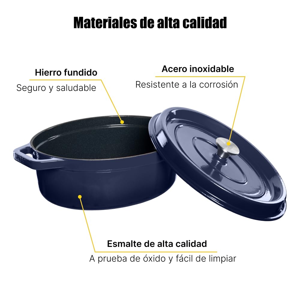 Cazuela de hierro fundido esmaltado con tapa y asas anchas - Cacerola ovalada de diseño elegante para preparar las más deliciosas avenas, sopas, salsas y guisos - Capacidad de 5,6L, Azul