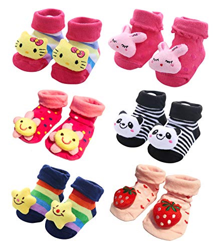 Boy and Girls 3D Cartoon Anti-Skid Baby Booties Sock Slippers (Set of 6) (Girls 6-Pack, 0-6 months)