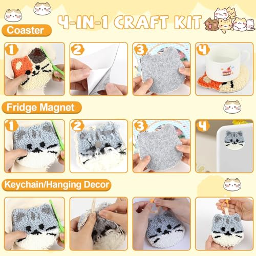 Image of Justforjoyful 6 Set Punch Needle Embroidery Coasters Craft Kits Punch Needle Refrigerator Magnets Kit Tool Threader Fabric for Christmas Winter Beginners Adults Kids DIY Handmade Gifts Party(Cat)