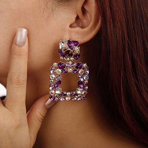 Denifery Crystal Square Dangle Statement Earrings Geometric Shaped with Colorful Rhinstone Drop Earrings for Women Bling Stud Earrings for Prom Wedding (Purple)2