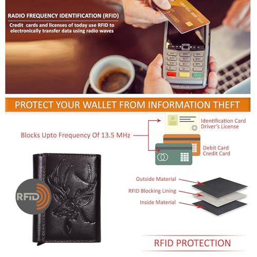 Image of Men's Genuine Leather RFID Wallet | Premium Slim Red Wallet for Men with Deer 3D Print | 8 Card Slots Secure and Durable | Casual Stylish | Formal & Gifting Use, Golden (Brown)