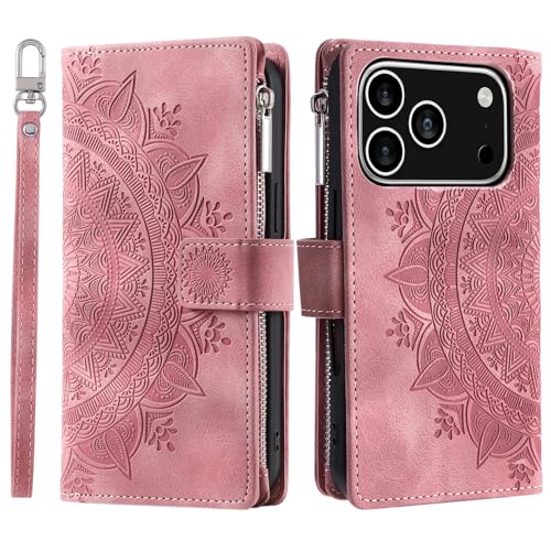 Étui iPhone 17 Pro portefeuille à rabat rose avec rangement cartes et monnaie