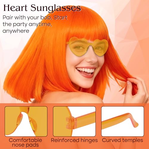 Image of PLULON Orange Bob Wig with Bangs, Short Straight Bob Wig with Heart Sunglasses 12 Inch Shoulder Length Heat Resistant Synthetic Hair for Women Natural Look Daily Use Cosplay Halloween Costume Party