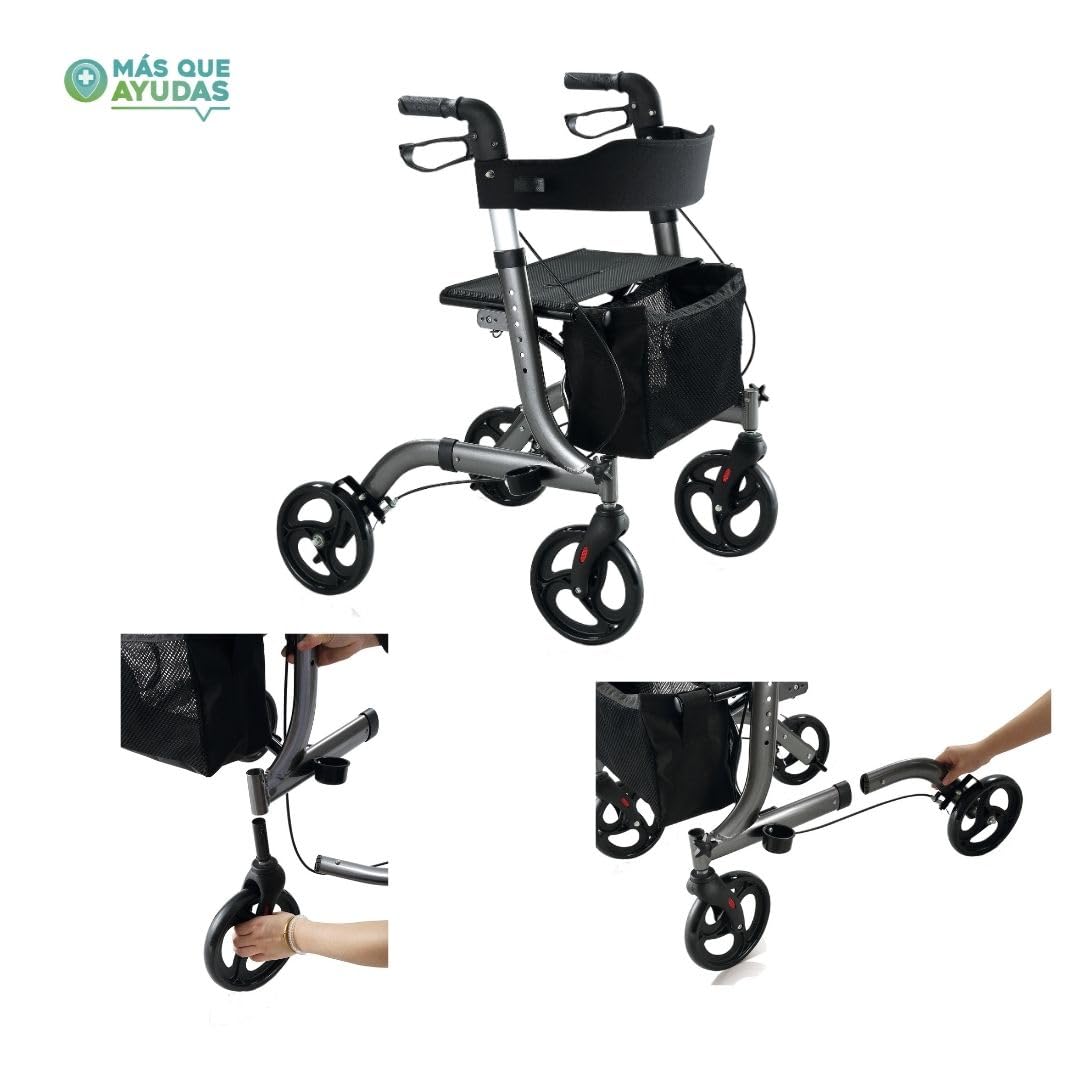 Andador Rollator para minusválidos de aluminio, diseño más moderno y una estructura más completa, ancianos, ligero, plegable, frenos manuales, con asiento, cesta y ruedas giratorias delanteras.