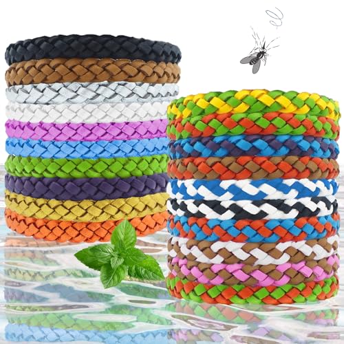 Mosquito Repellent Bracelet[20 Pack] Adjustable Leather Insect Repellent Bracelet Kids for Adults Deet-Free Bug Waterproof Travel Essentials Resealable Pack