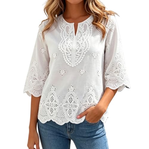 Chemisier en lin tunique ample col en V broderie florale style bohème