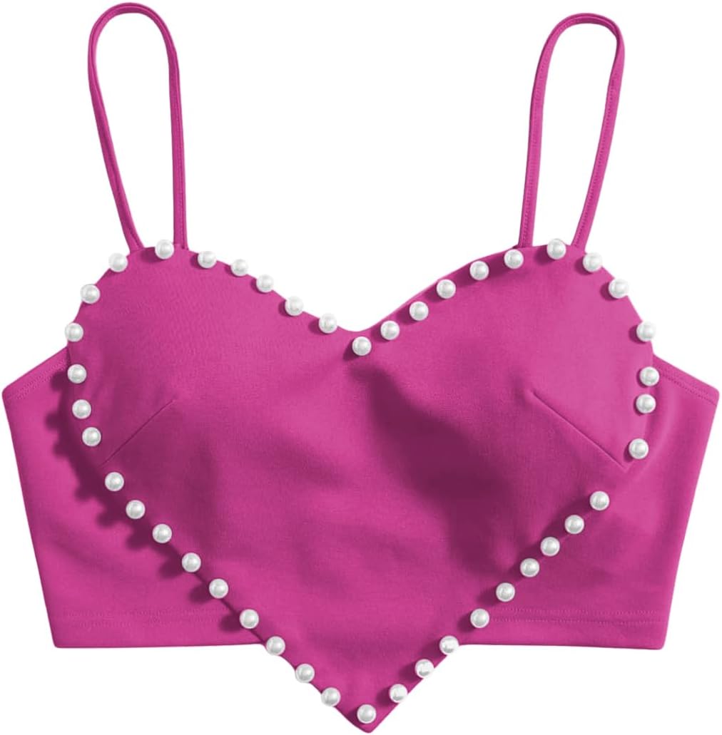 WDIRARA Women's Cami Heart Pearl Crop Top Sparkly Outfits