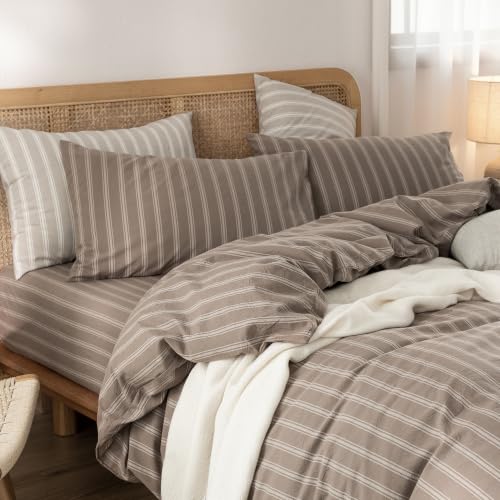 Image of BESTOUCH Striped Cotton Duvet Cover Set Linen Feel Twin | 100% Washed Cotton, Soft Wrinkle Texture, Hidden Zipper, 8 Ties, Breathable Lightweight Durable Comfy, 2 Pcs No Insert