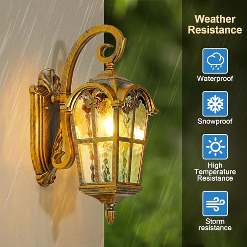 17.1" H Gold Outdoor Wall Lights - Waterproof & Anti-Rust Aluminum Porch Light Wall Mount, Hammered Exterior Lighting Fixtures, Outside Wall Lantern for Patio, Hallway, Doorway, Garden