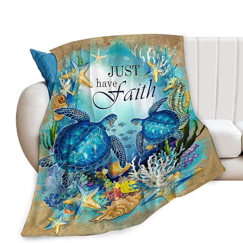Sea Turtle Blanket Turtle Decor Throw Blanket Just Have Faith Inspirational Ocean Blanket Gifts for Girls Boys Winter Bedding Super Warm Soft Plush Fleece Flannel Blanket for Kids Adults Women 40