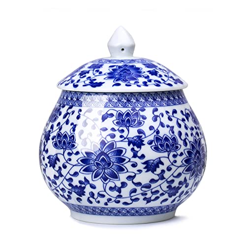 Dahlia Blue and White Porcelain Tea Canister for Loose Tea, Airtight Jingdezhen Tea Caddy, Lotus 850 ML
