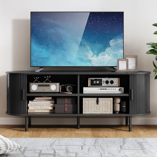 Image of 55 inch TV Stand with Power Outlet, Modern Media Console with Sliding Doors, Entertainment Center for TVs up to 60 Inch, Adjustable Shelves, Black