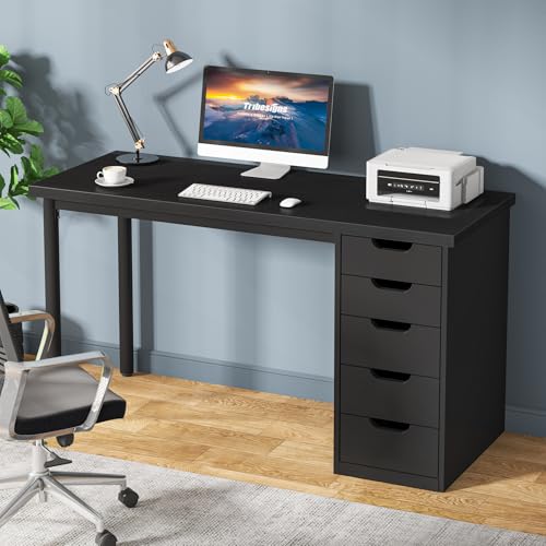 Image of Tribesigns Computer Desk with 5 Drawers, 47 inches Rustic Brown Home Office Desk with Storage, Modern Simple Laptop Desk Study Writing Table for Small Spaces (1, Black)