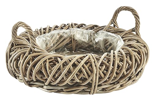 Kobolo Pflanzschale Rattan Kubu Grey, Ø 50cm, Korb in Kranzform mit Folie ausgekleidet, runder Pflanzkorb im Landhausstil für den Innen- und geschützten Außenbereich