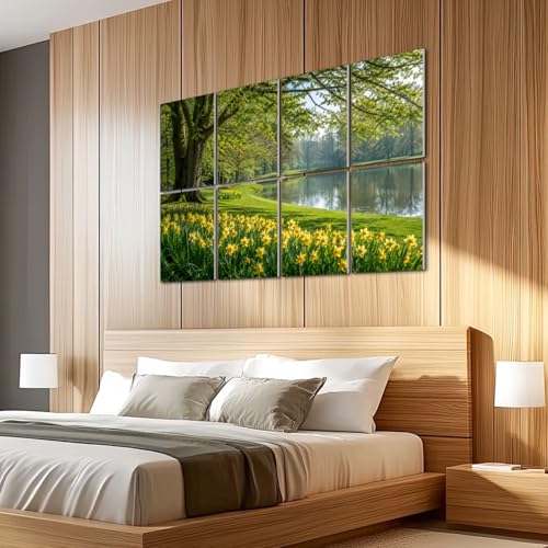 Paneles acústicos artísticos paquete de 8 piezas con absorción de sonido, diseño paisaje de primavera con narcisos amarillos y lago tranquilo, paneles decorativos autoadhesivos para estudios de grabación y oficina 48"x32" miniatura 5