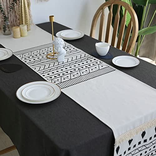 Chemin de table rectangulaire motif géométrique coton déco table longue blanc