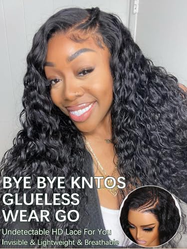 Image of KLAIYI Bye Bye Knots Glueless Wig Pre Cut Water Wave HD Lace Front Wigs Human Hair Pre Bleached Pre Plucked Ready to Go Wigs for Women 30S Easy to Wear Put On and Go Curly Wig Beginner Friendly 20Inch