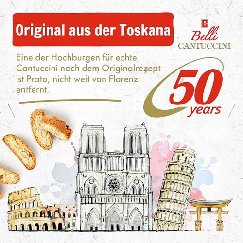 Belli Cantuccini Mandelgebäck 600G [DOPPELT GEBACKEN] mit 18% Mandel-Anteil | 60 Kekse pro Box | Italienische kekse | mit Blütenhonig | Biscotti di Prato