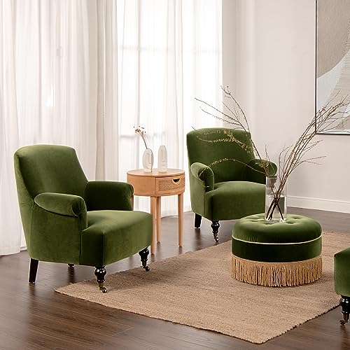 Sillón clásico verde con diseño de pliegues y patas de madera miniatura 2