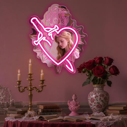 Image of Heart Shaped Mirror Neon Sign, LED Vanity Wall Light for Makeup Table, Bedroom or Dressing Area, Romantic Wall Decoration with Adjustable Brightness, 17.3 inch x 14.7 inch