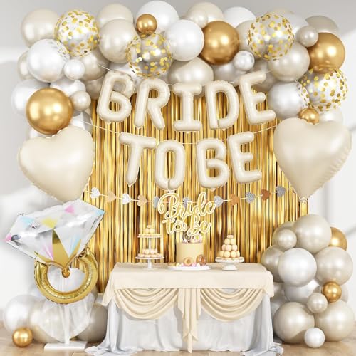 Cream Gold Bachelorette Party Decorations, Bride To Be Mylar Foil Letter Balloons with White Gold Balloons Diamond Ring and Cream Heart Balloon for Bridal Shower Decoration Engagement Hen Party Decor
