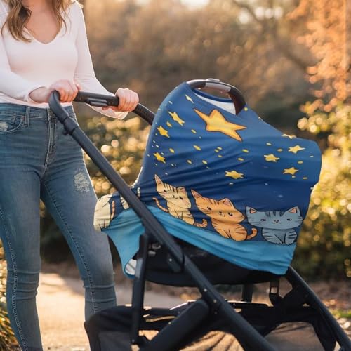 Image of Forchrinse Cartoon Cat Moon Star Nursing Cover Breastfeeding Scarf Soft Car Seat Cover for Babies Girls Infant Carseat Canopy Cat's Lover Multi-Use Cover