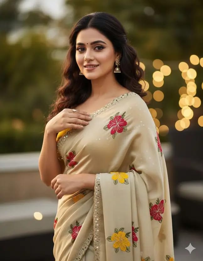 Image of Embroidered Floral Saree, Beige with Pink and Yellow Flowers, Sequin Border, Traditional Indian Wear
