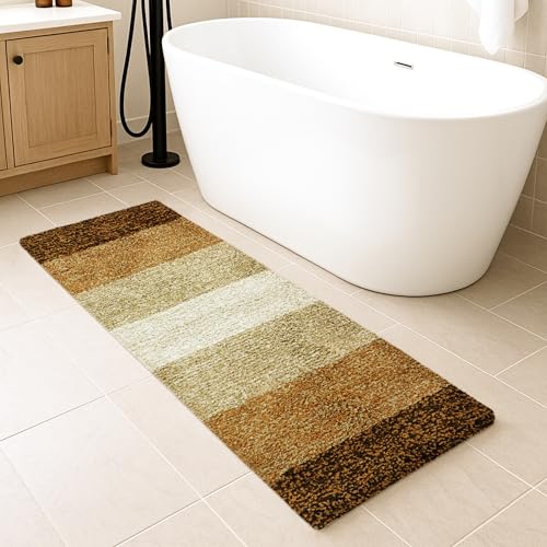 Image of Pano Textured Striped Runner Rug 45x130 cm Brown | Anti-Skid, Super Soft & Ultra Absorbent Floor Runner | Quick Dry & Washable Runner for Bathroom, Kitchen, Bedroom & Living Room