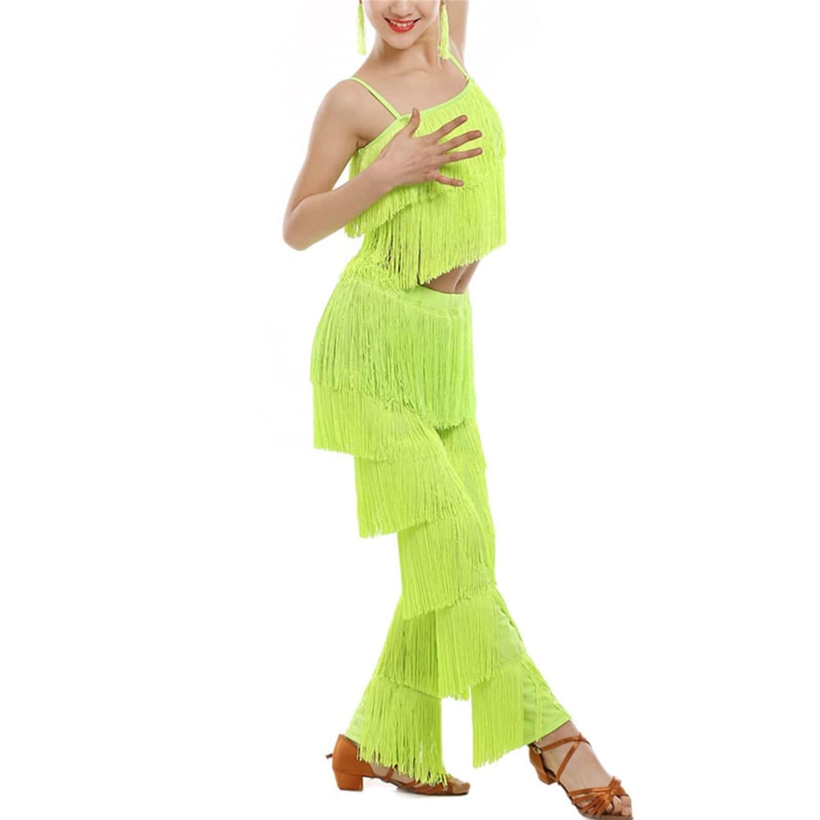 Conjunto de 2 piezas de disfraz de baile latino para niñas, camisola con borlas, pantalones con flecos, trajes modernos de salón de salsa