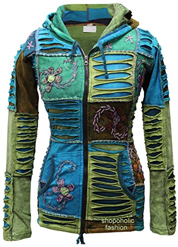 Blue Mix Flower Embroidered Pixie Hooded Hippy Hoody Jacket