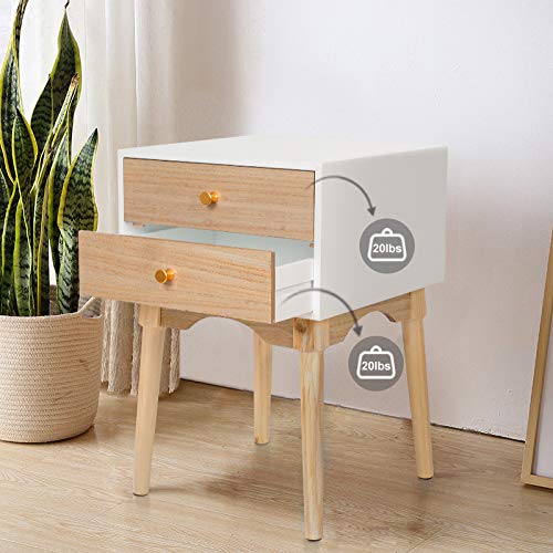 ORISTUS Natural Color Nightstands Side Tables Sofa End Table with 2 Storage Drawers Wood Legs Small Bedside Table for Bedroom Furniture Snack Night Table