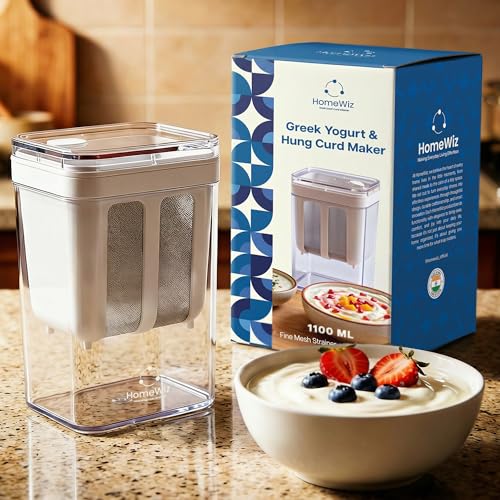 Image of HomeWiz Hung Curd Maker 1100ml with Fine Steel Mesh | 100% Food Grade Yogurt Maker with Lid | Durable Yogurt Strainer for Salads & Dips | Make Super Thick Homemade Curd | Easy Drainage & Hygienic