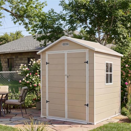 Image of Resin Outdoor Storage Sheds 6x4 ft, Upgraded Double-Wall Outdoor Plastic Shed with Window & Double Doors, Waterproof Lockable Garden Shed for Patio Furniture, Lawn Mower, Bike, and Tool Storage