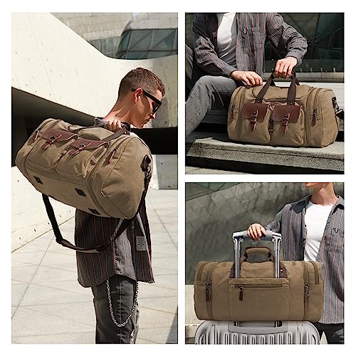 Image of Wildroad 60L Travel Duffel Bag, Expandable Canvas Genuine Leather Duffle Bag Upgraded Overnight Weekender Bag Carry on Bag (Coffee, X Large-60L)