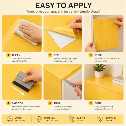 Image of Vinyl Contact Paper Decorative for Cabinets Countertops Kitchen Shelves Liner Self Adhesive Film Peel and Stick Waterproof Removable Wallpaper (Inches 24 x 50, Glossy Yellow)
