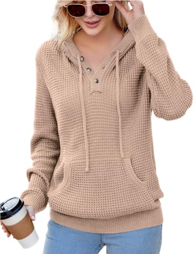 Image of CiCiBird Women's Fall Hoodies Sweater V Neck Waffle Knit Top with Pocket | Loose Fit, V Neck Button, Adjustable Drawstring, Long Sleeve, Kangaroo Pocket, Weekend Errands, Daily Wear, Work Casual