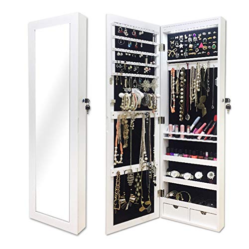 Preisvergleich Produktbild Schmuck Veranstalter, LED Licht Schmuckschrank Stehspiegel Makeup Abschließbarer Schrank Mit Spiegel Und Schloss, Für Mädchen Und Frauen, Perlweiß